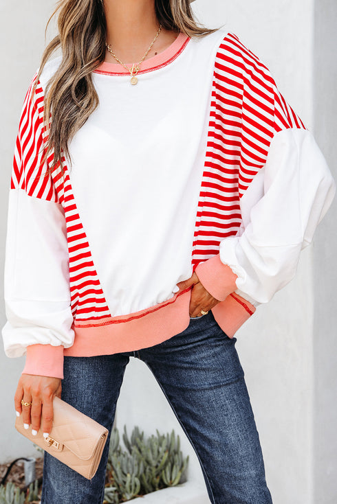 Relaxed Striped Balloon Sleeve Crew Neck Pullover Sweatshirt