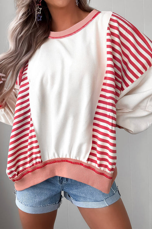 Relaxed Striped Balloon Sleeve Crew Neck Pullover Sweatshirt