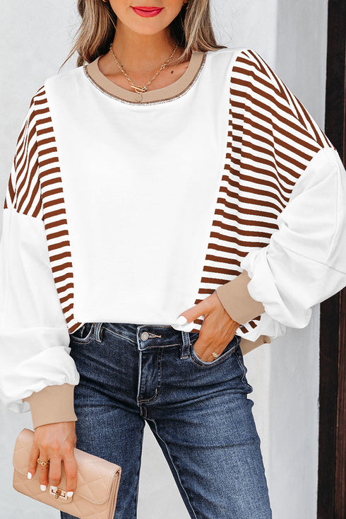 Relaxed Striped Balloon Sleeve Crew Neck Pullover Sweatshirt