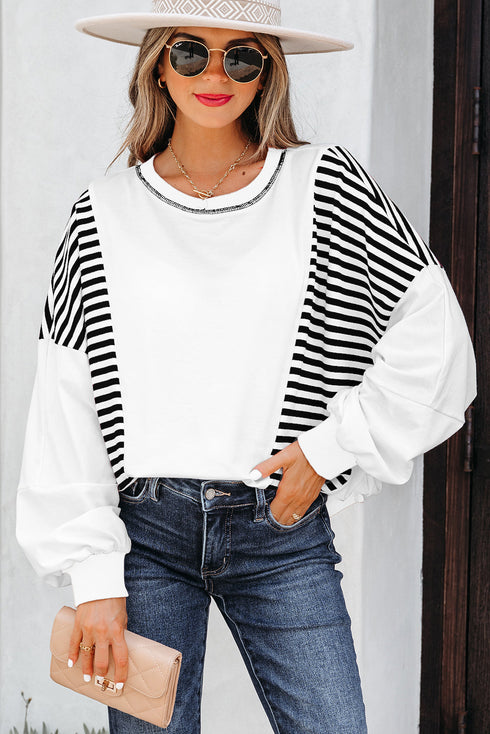 Relaxed Striped Balloon Sleeve Crew Neck Pullover Sweatshirt