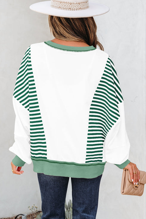 Relaxed Striped Balloon Sleeve Crew Neck Pullover Sweatshirt
