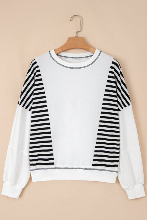 Relaxed Striped Balloon Sleeve Crew Neck Pullover Sweatshirt