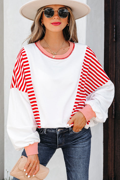 Relaxed Striped Balloon Sleeve Crew Neck Pullover Sweatshirt