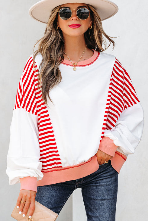 Relaxed Striped Balloon Sleeve Crew Neck Pullover Sweatshirt