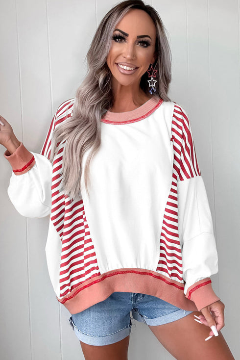 Relaxed Striped Balloon Sleeve Crew Neck Pullover Sweatshirt