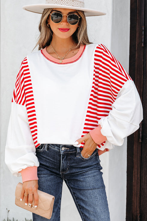 Relaxed Striped Balloon Sleeve Crew Neck Pullover Sweatshirt