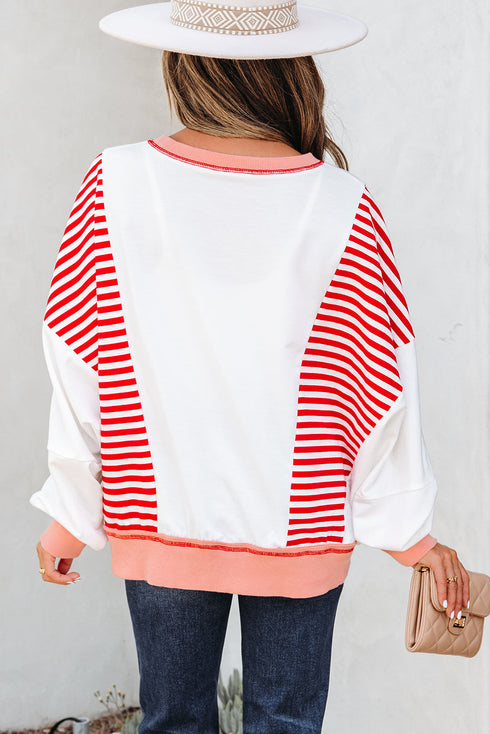 Relaxed Striped Balloon Sleeve Crew Neck Pullover Sweatshirt