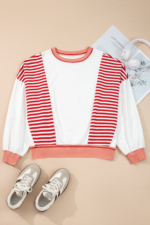 Relaxed Striped Balloon Sleeve Crew Neck Pullover Sweatshirt