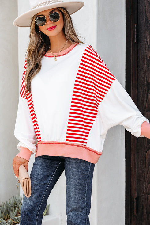 Relaxed Striped Balloon Sleeve Crew Neck Pullover Sweatshirt