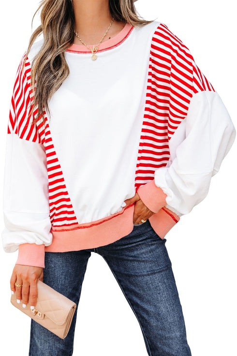 Relaxed Striped Balloon Sleeve Crew Neck Pullover Sweatshirt