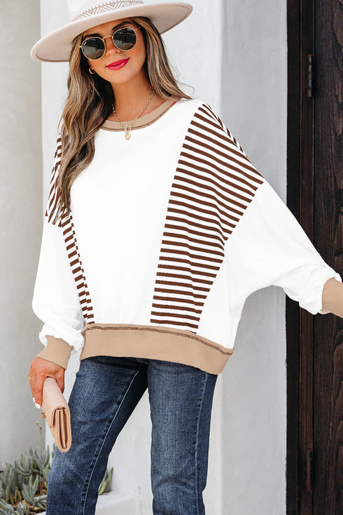 Relaxed Striped Balloon Sleeve Crew Neck Pullover Sweatshirt