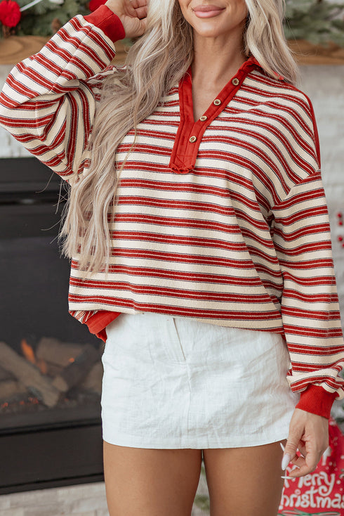 Relaxed Striped Button Front Drop Shoulder Collared Shirt