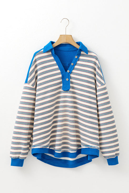 Relaxed Striped Button Front Drop Shoulder Collared Shirt