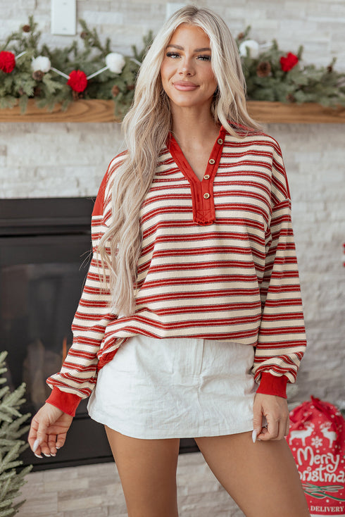 Relaxed Striped Button Front Drop Shoulder Collared Shirt
