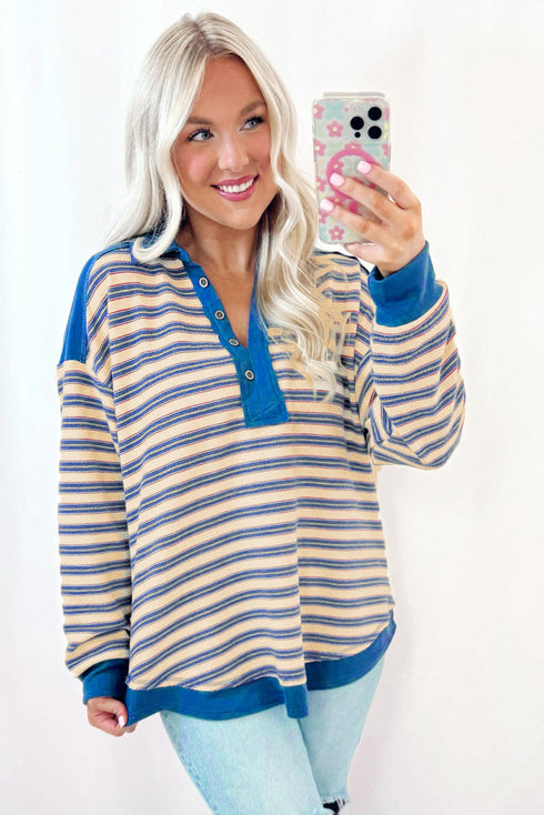 Relaxed Striped Button Front Drop Shoulder Collared Shirt