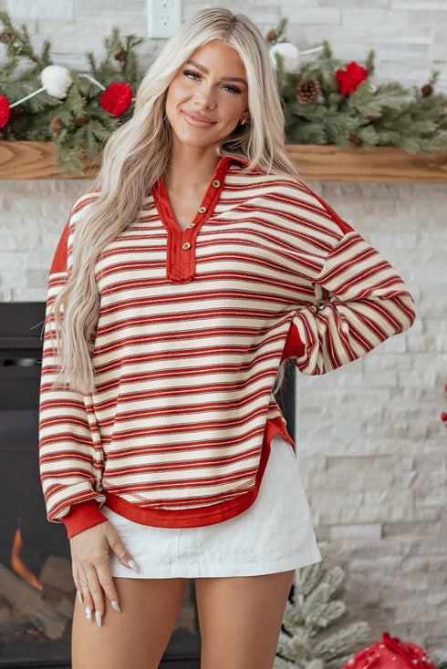 Relaxed Striped Button Front Drop Shoulder Collared Shirt