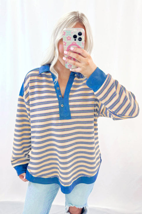 Relaxed Striped Button Front Drop Shoulder Collared Shirt