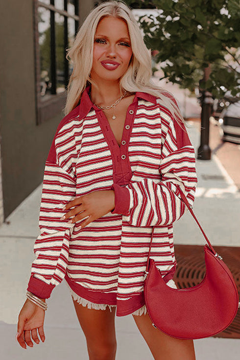 Relaxed Striped Button Front Drop Shoulder Collared Shirt