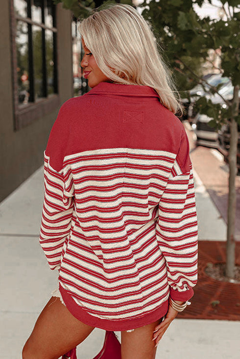Relaxed Striped Button Front Drop Shoulder Collared Shirt