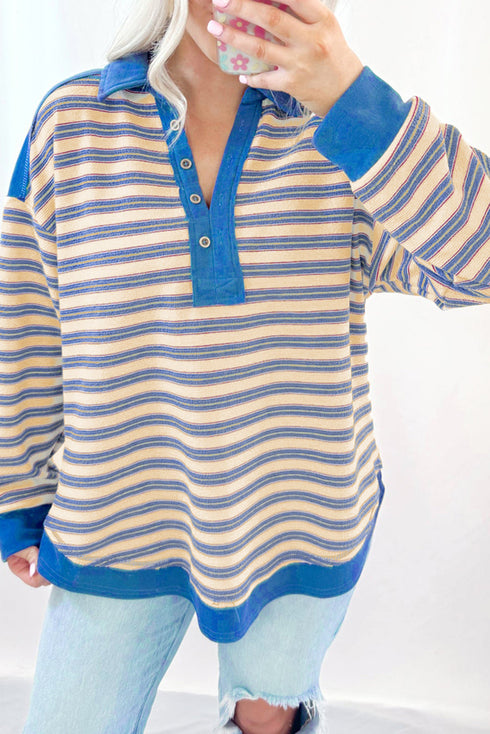 Relaxed Striped Button Front Drop Shoulder Collared Shirt