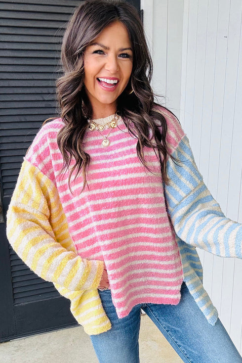Relaxed Striped Colorblock Exposed Seam Knit Sweater