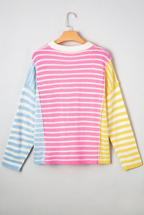 Relaxed Striped Colorblock Exposed Seam Knit Sweater