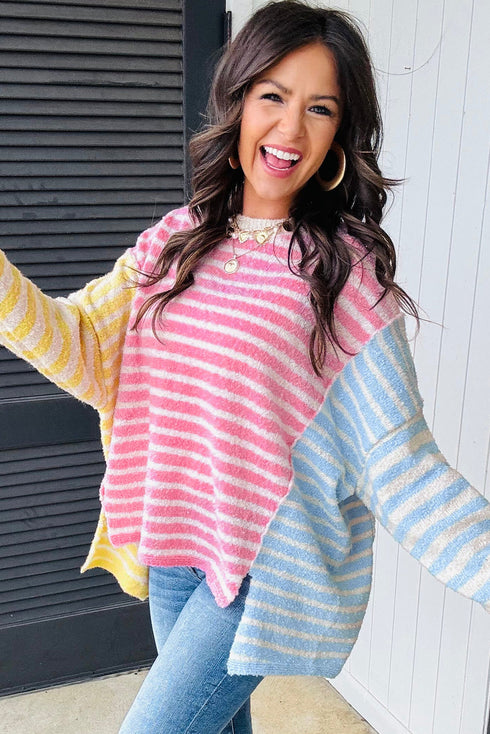 Relaxed Striped Colorblock Exposed Seam Knit Sweater