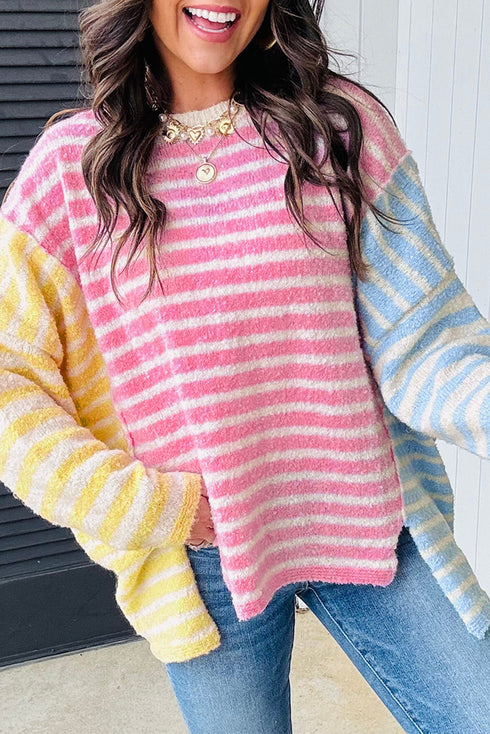 Relaxed Striped Colorblock Exposed Seam Knit Sweater