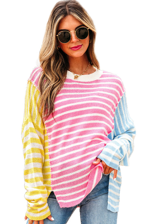 Relaxed Striped Colorblock Exposed Seam Knit Sweater