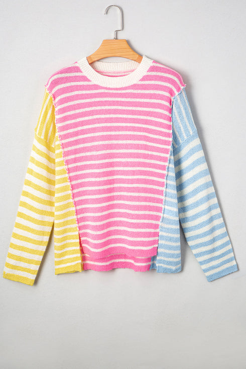 Relaxed Striped Colorblock Exposed Seam Knit Sweater