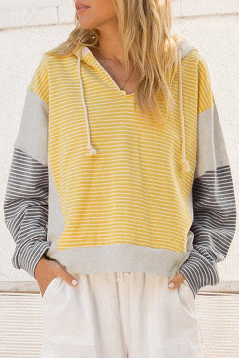 Relaxed Striped Cotton Blend V Neck Drawstring Hoodie