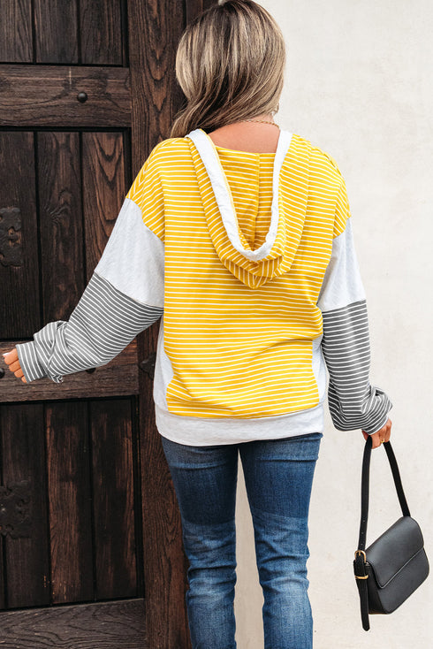 Relaxed Striped Cotton Blend V Neck Drawstring Hoodie