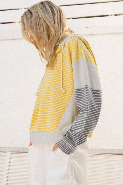 Relaxed Striped Cotton Blend V Neck Drawstring Hoodie