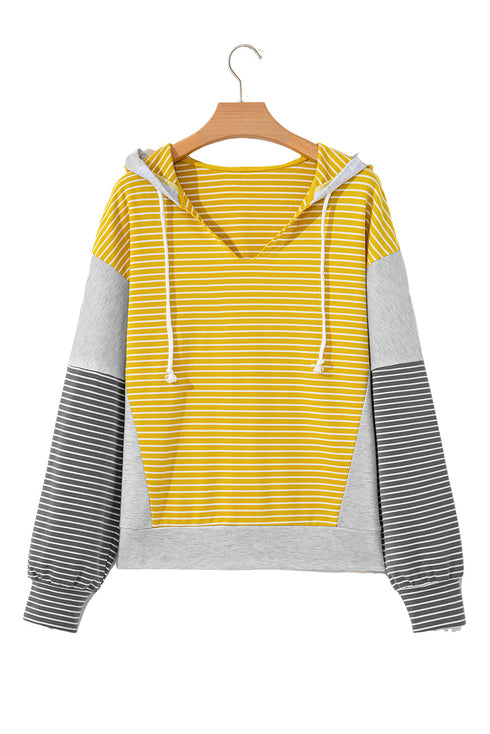 Relaxed Striped Cotton Blend V Neck Drawstring Hoodie