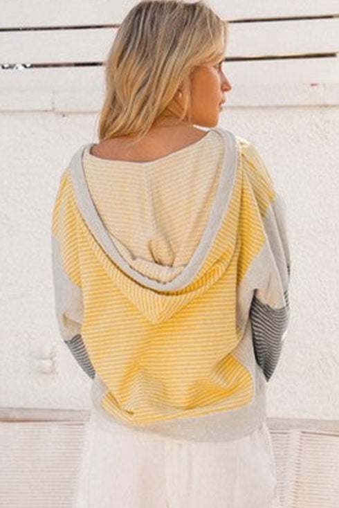 Relaxed Striped Cotton Blend V Neck Drawstring Hoodie