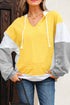 Relaxed Striped Cotton Blend V Neck Drawstring Hoodie