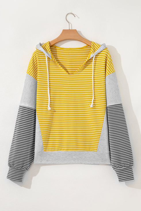 Relaxed Striped Cotton Blend V Neck Drawstring Hoodie