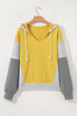 Relaxed Striped Cotton Blend V Neck Drawstring Hoodie