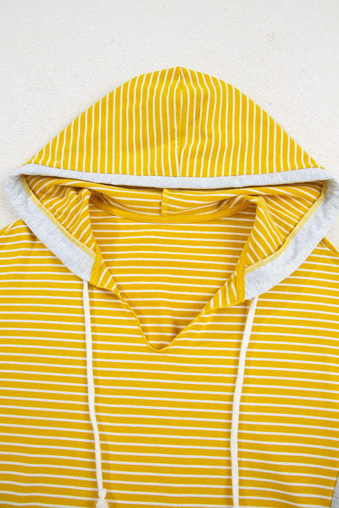 Relaxed Striped Cotton Blend V Neck Drawstring Hoodie