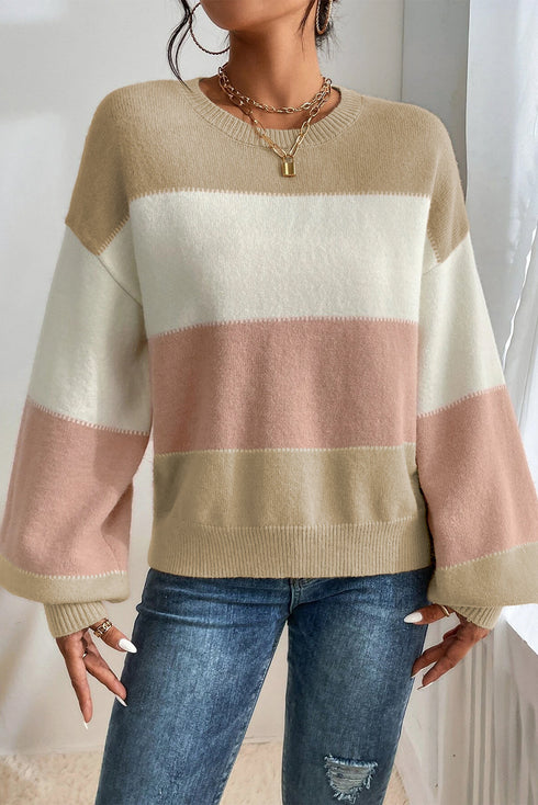 Relaxed Striped Crew Neck Bishop Sleeve Knit Sweater