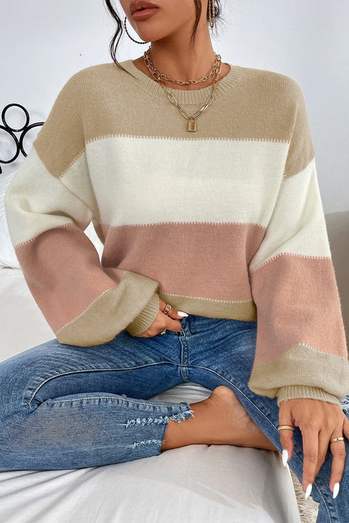 Relaxed Striped Crew Neck Bishop Sleeve Knit Sweater