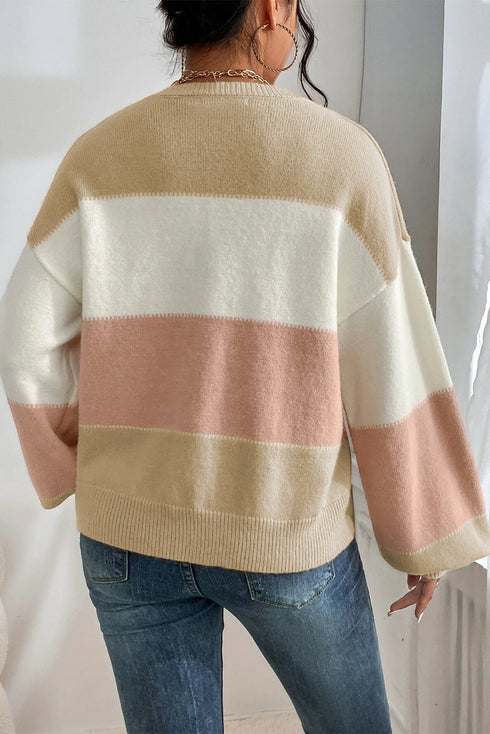 Relaxed Striped Crew Neck Bishop Sleeve Knit Sweater