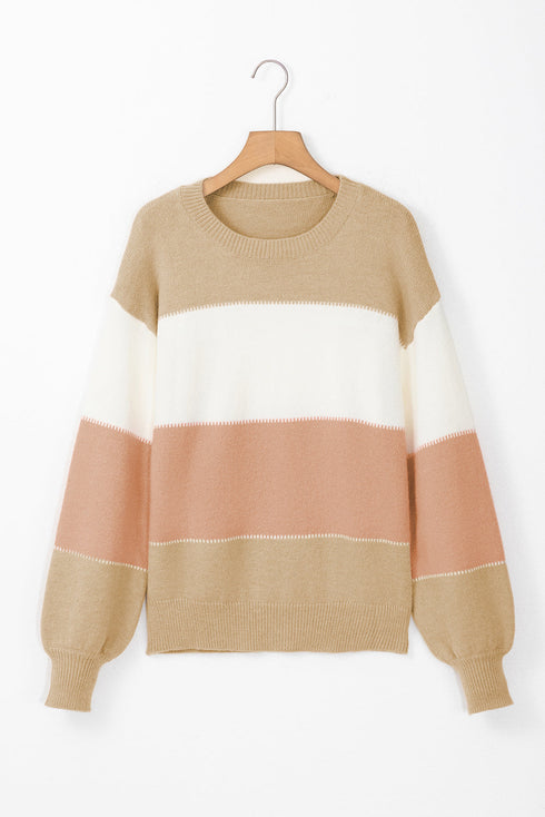 Relaxed Striped Crew Neck Bishop Sleeve Knit Sweater