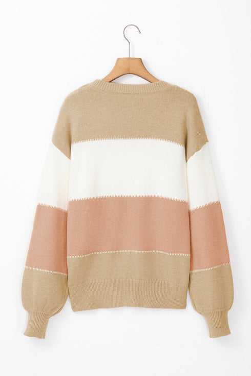 Relaxed Striped Crew Neck Bishop Sleeve Knit Sweater