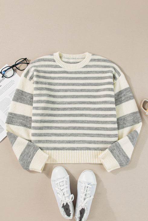 Relaxed Striped Crew Neck Drop Shoulder Knit Sweater