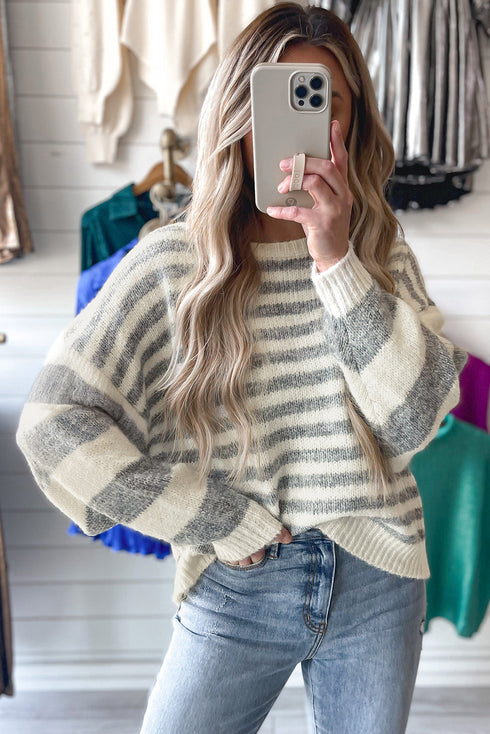 Relaxed Striped Crew Neck Drop Shoulder Knit Sweater
