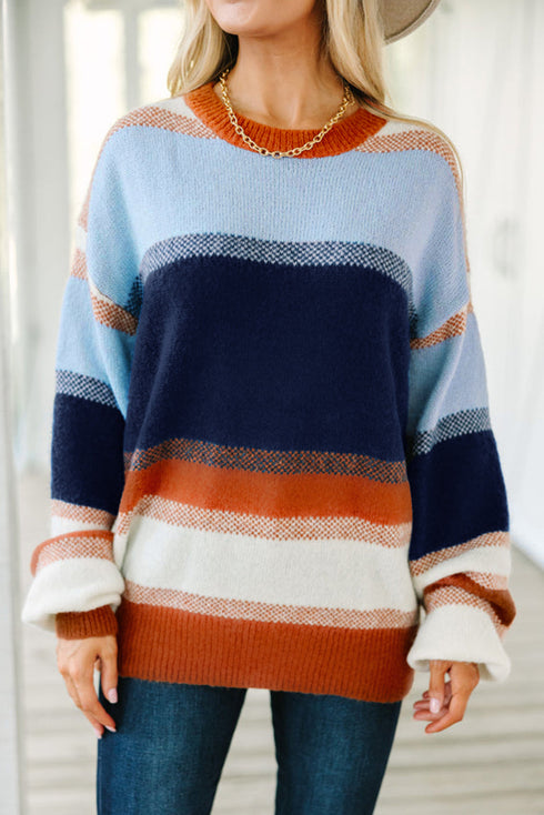 Relaxed Striped Crew Neck Long Sleeve Pullover Sweater