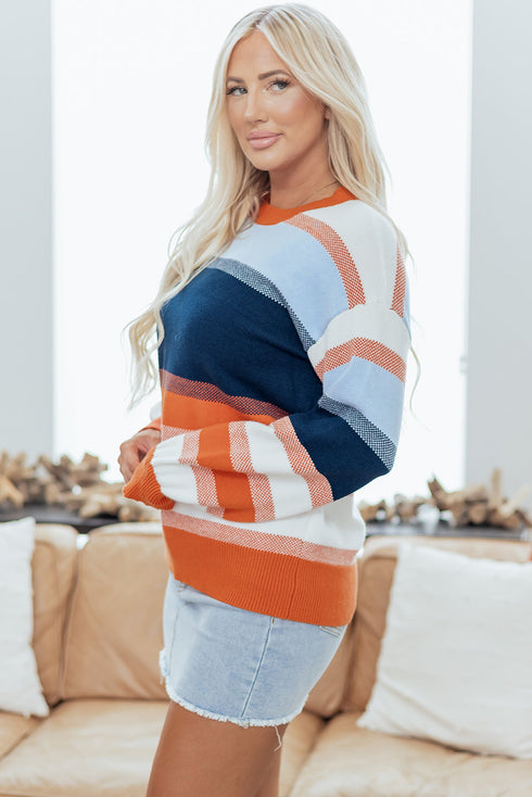 Relaxed Striped Crew Neck Long Sleeve Pullover Sweater