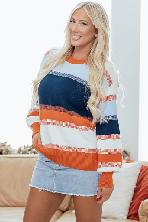 Relaxed Striped Crew Neck Long Sleeve Pullover Sweater