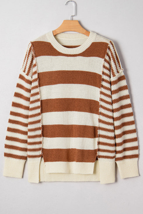 Relaxed Striped Exposed Seam Crew Neck Sweater